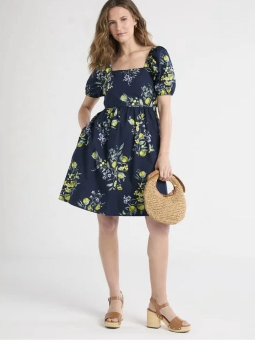 Time and Tru Navy Floral Puff-Sleeve Square-Neck Dress Lemon Print Cotton Sz XL